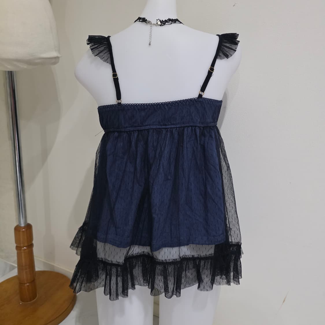 일본빈티지)블랙x네이비 오네갸루 레이스 슬립지뢰계섹시로맨틱 리본슬리브리스 상품이미지3