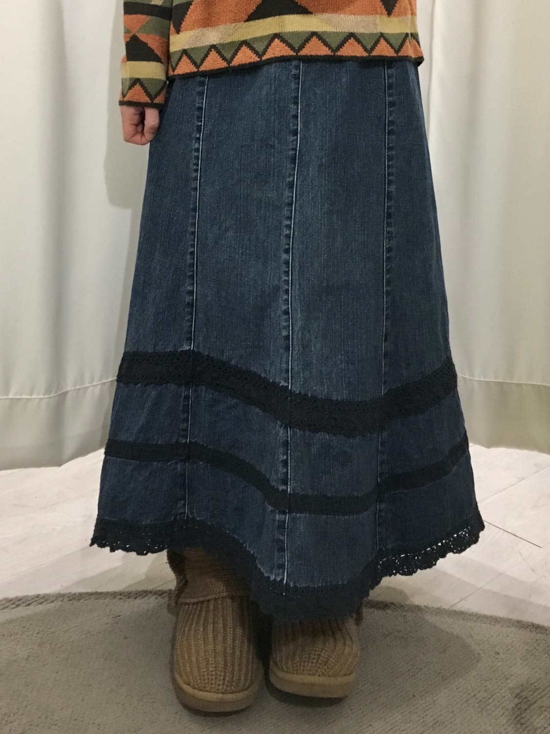 히피모리 레이스 데님 롱스커트 상품이미지1