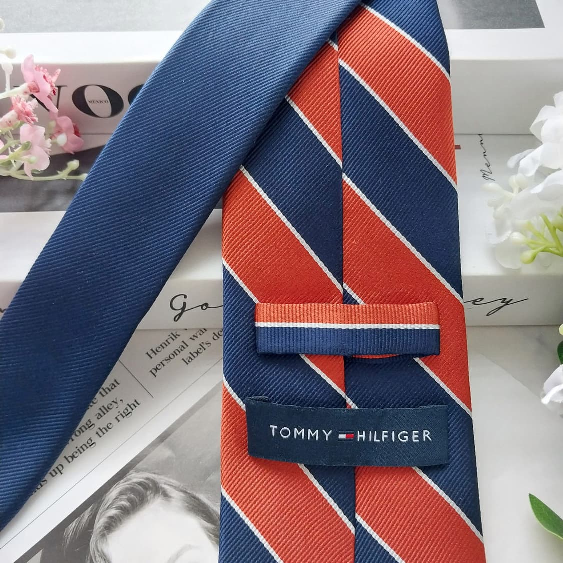 타미 힐피거 실크 네이비 스트라이프 넥타이 8.2cm A+등급 K2035 상품이미지5
