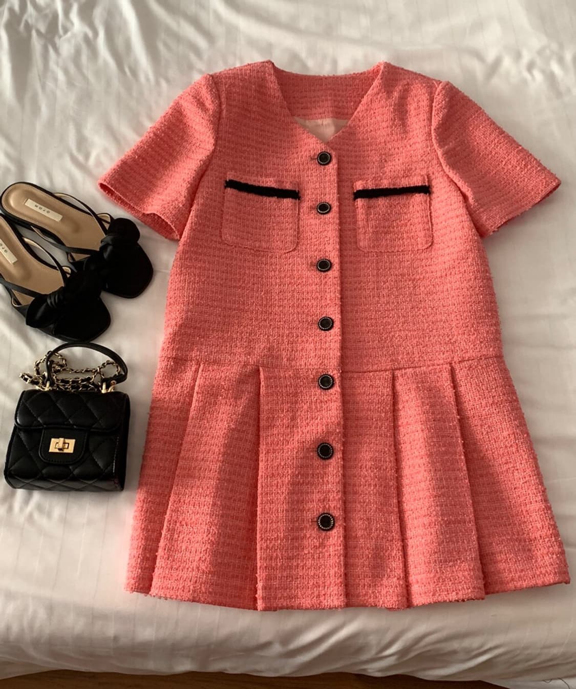 (시착만) 메리온 핫핑크 반팔 트위드 원피스 상품이미지2