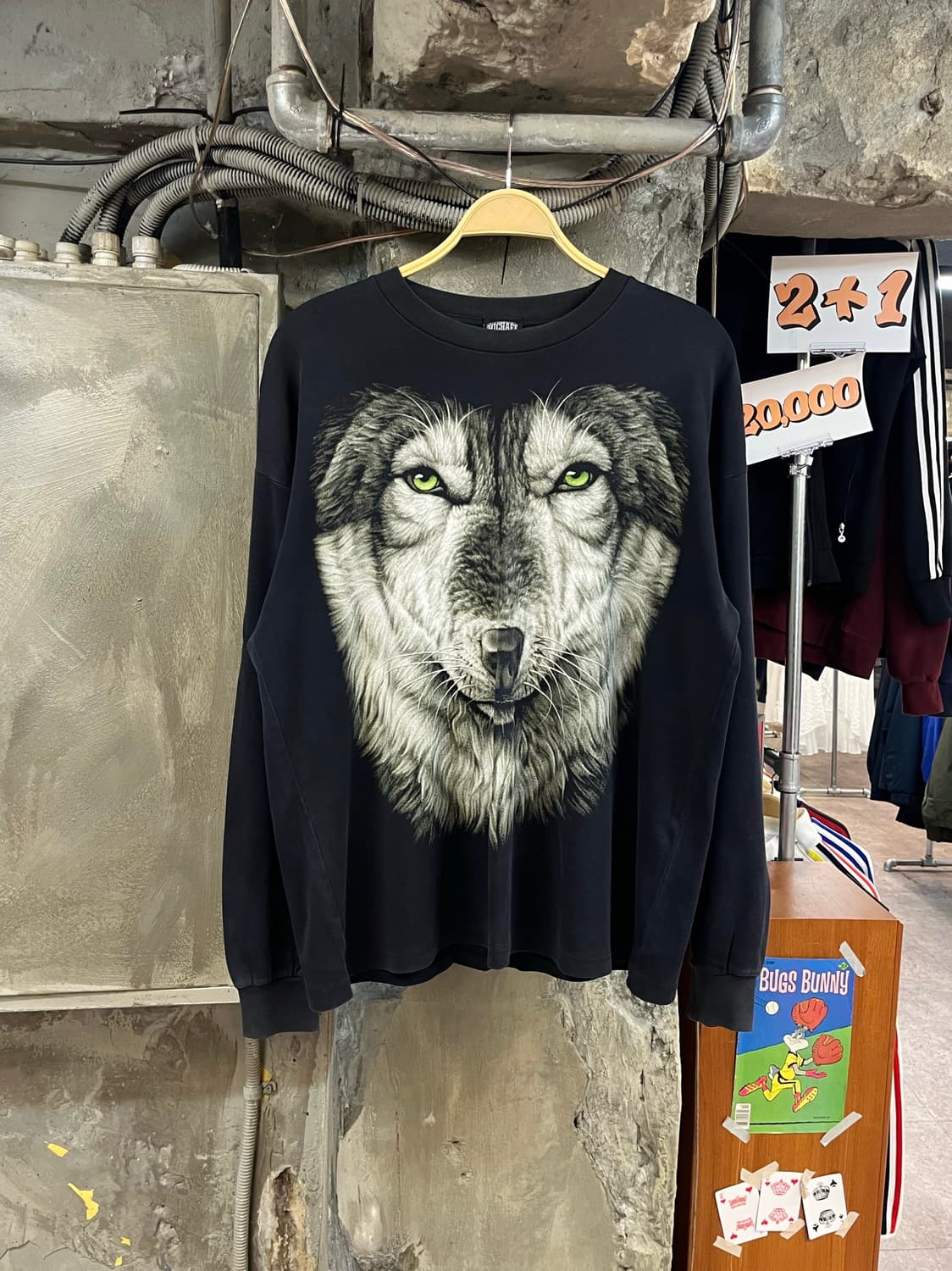 빈티지 울프 프린팅 긴팔티 블랙 XL #csz3661 상품이미지2