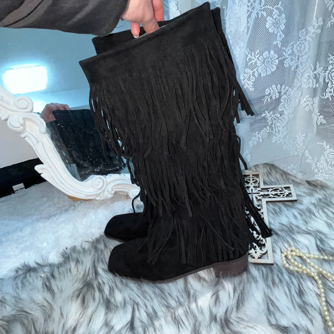 빈티지 블랙 스웨이드 프린지 스퀘어 부츠 상품이미지2