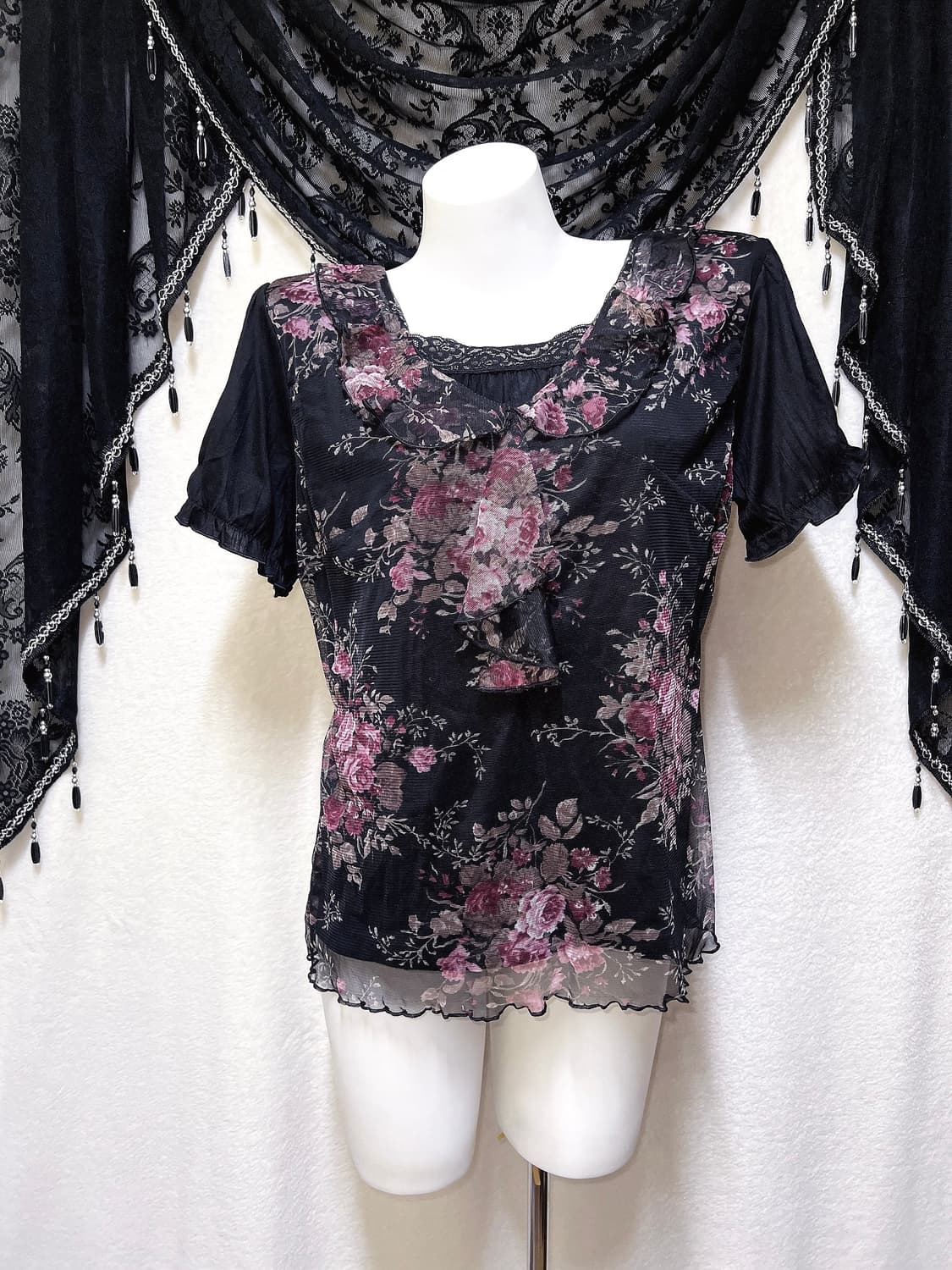 로맨틱고딕 오리엔탈 다크페어리 플라워 레이스 반팔탑 히메카지 갸루 핀터 상품이미지6