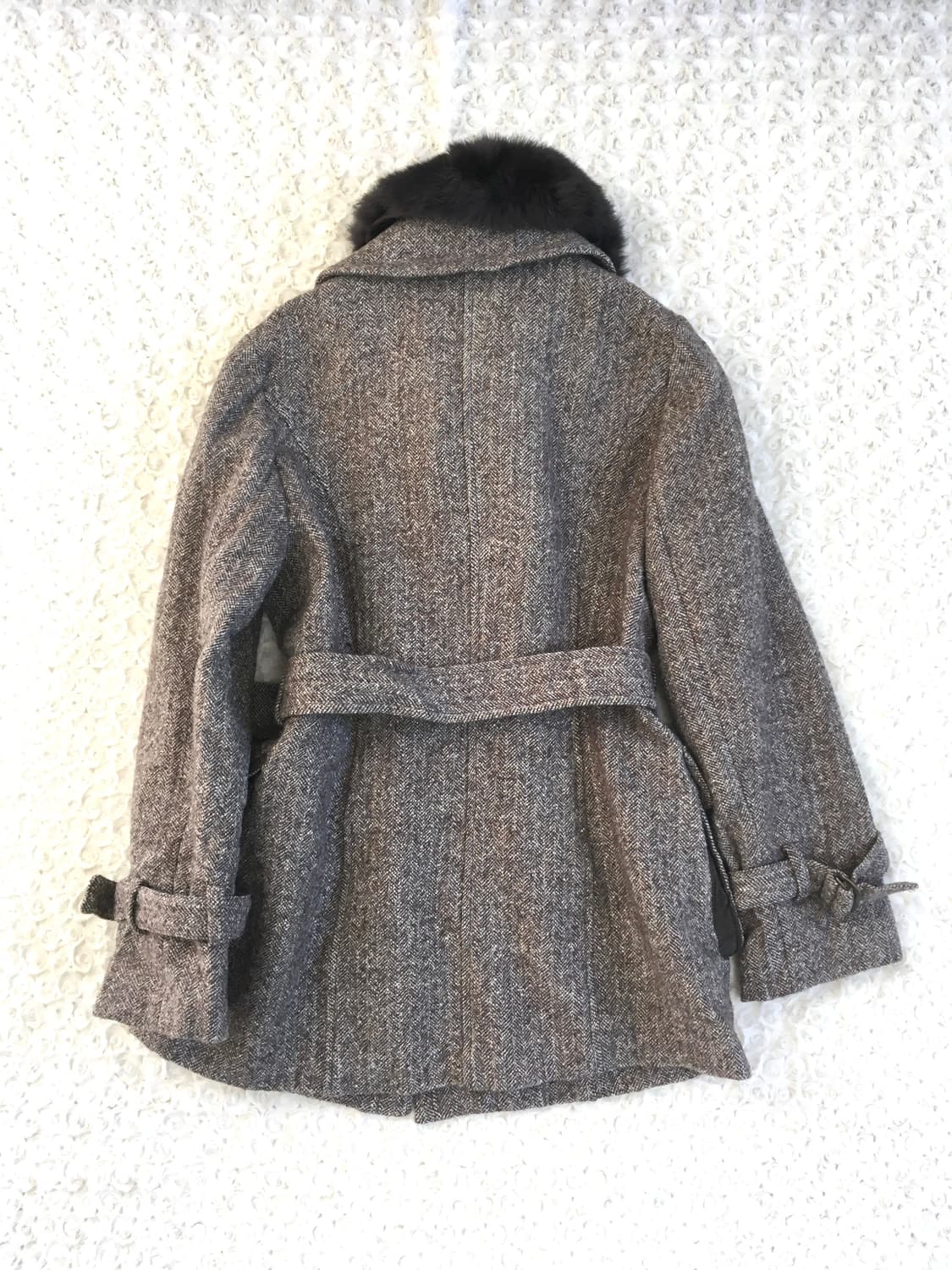  brown herringbone furcollar belted coat 상품이미지7