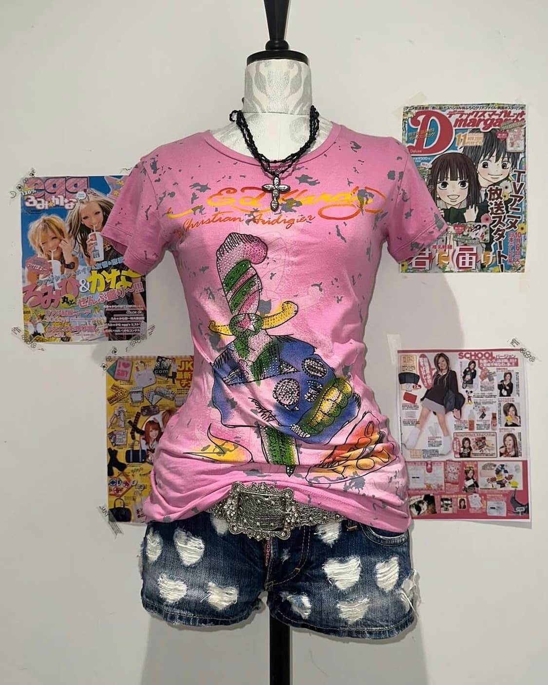 Ed Hardy Skull Printed Pink Slim T-shirt 상품이미지1
