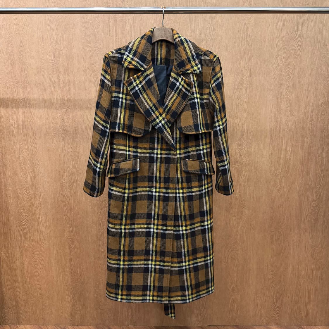 올세인츠 체크 롱 코트 플랩 포켓 벨트 스트랩 디테일 레귤러핏 오렌지 상품이미지2