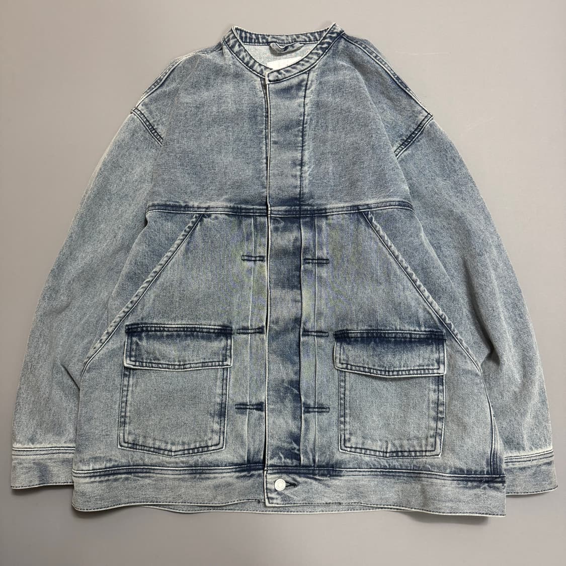  INHERIT 라이트블루컬러 워시드 논칼라 빅실루엣 13oz 데님 자켓 상품이미지9