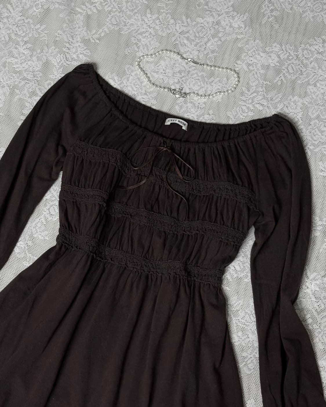 레스트로즈 브라운 밴딩 리본 블라우스 상품이미지2