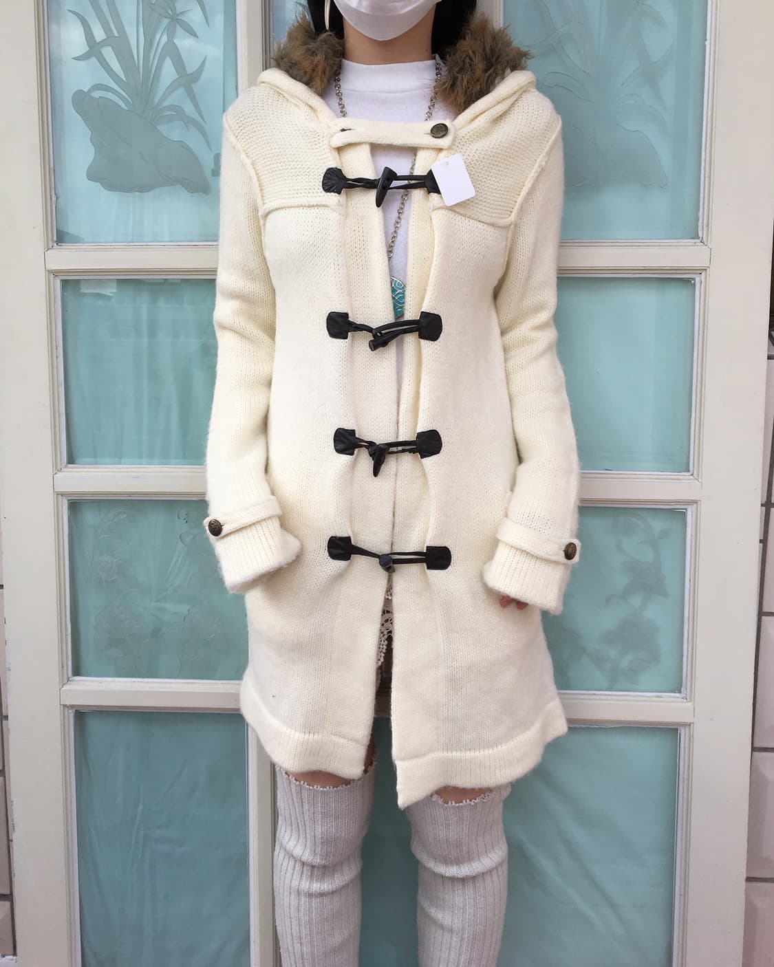 Fake fur hood duffle button cardigan 상품이미지1