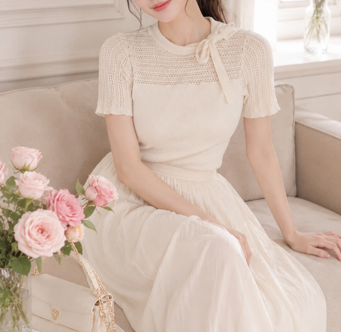 넥리본 시스루 배색 골지 반팔 니트 (아이보리) 상품이미지3