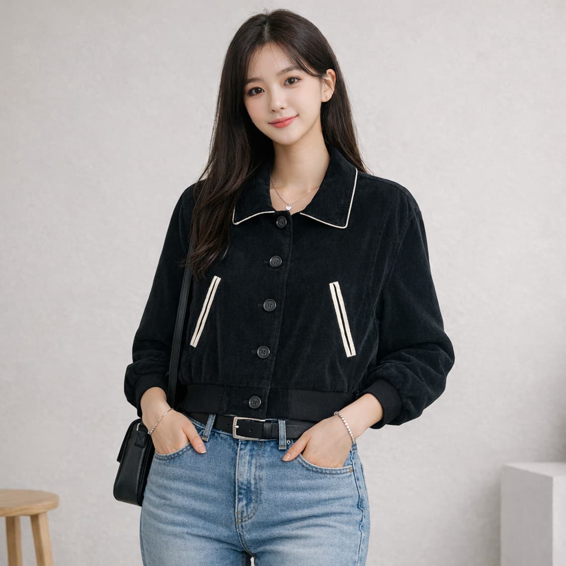 호퍼 코듀로이 크롭 자켓 블랙 배색라인 세미루즈핏 상품이미지1