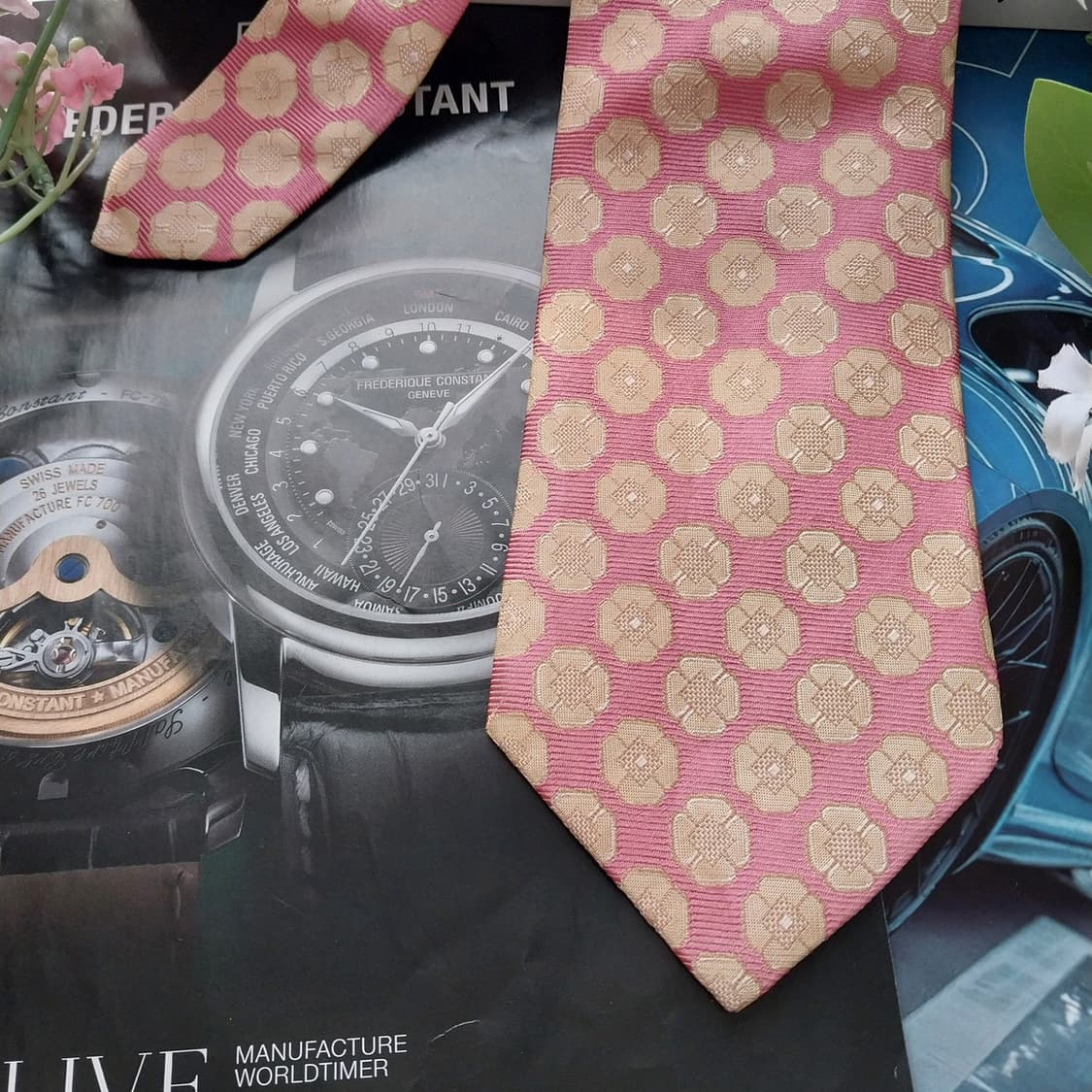 휴고보스 실크 핑크 플로럴 기하 패턴 넥타이 9.1cm A등급 K1653 상품이미지4