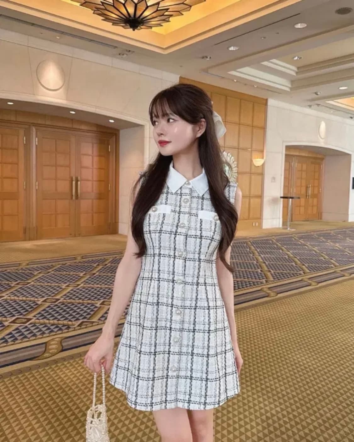 GRL 그레일 트위드 체크 민소매 미니 원피스 아이보리 스나계 상품이미지2