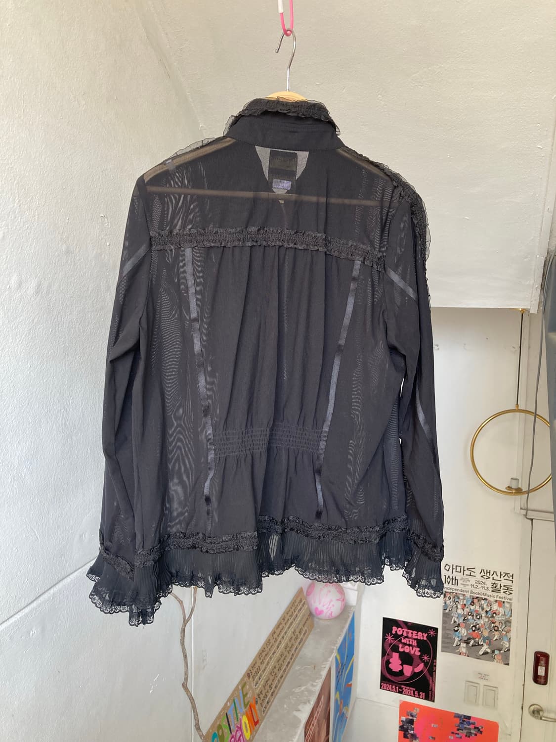 블랙 시스루 레이스 집업 블라우스 상품이미지5