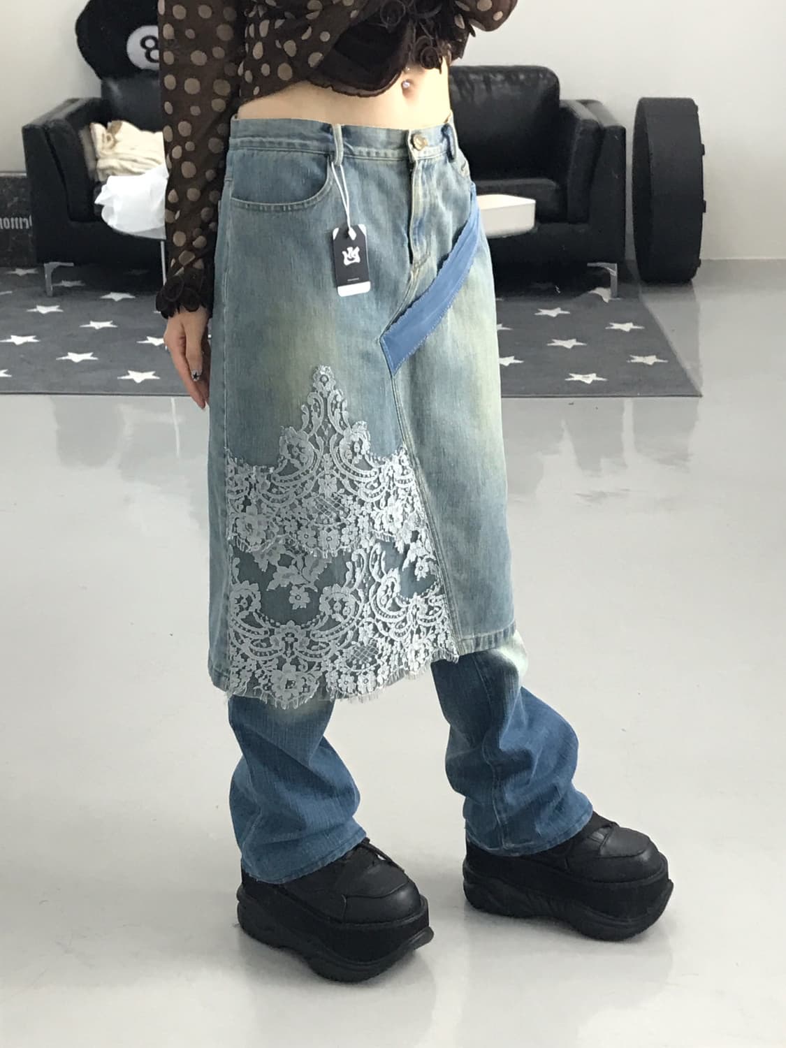 Vintage Denim lace details Midi Skirts 상품이미지3