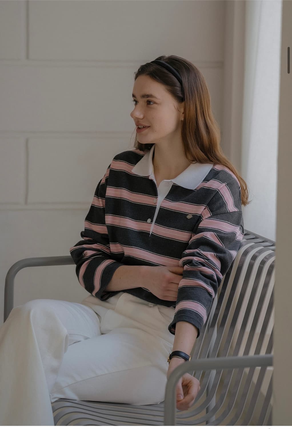 틸아이다이 스트라이프 챠콜 핑크 카라 럭비티 롱 슬리브 긴팔 티셔츠 M 상품이미지1