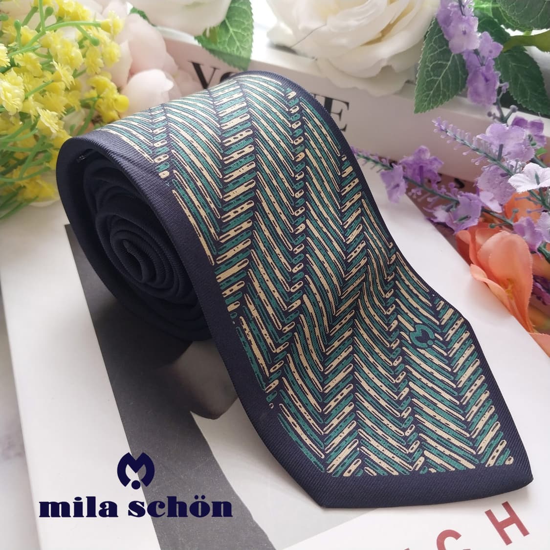 밀라숀 실크 네이비&그린 헤링본 패턴 넥타이 8.5cm A등급 K1279 상품이미지1