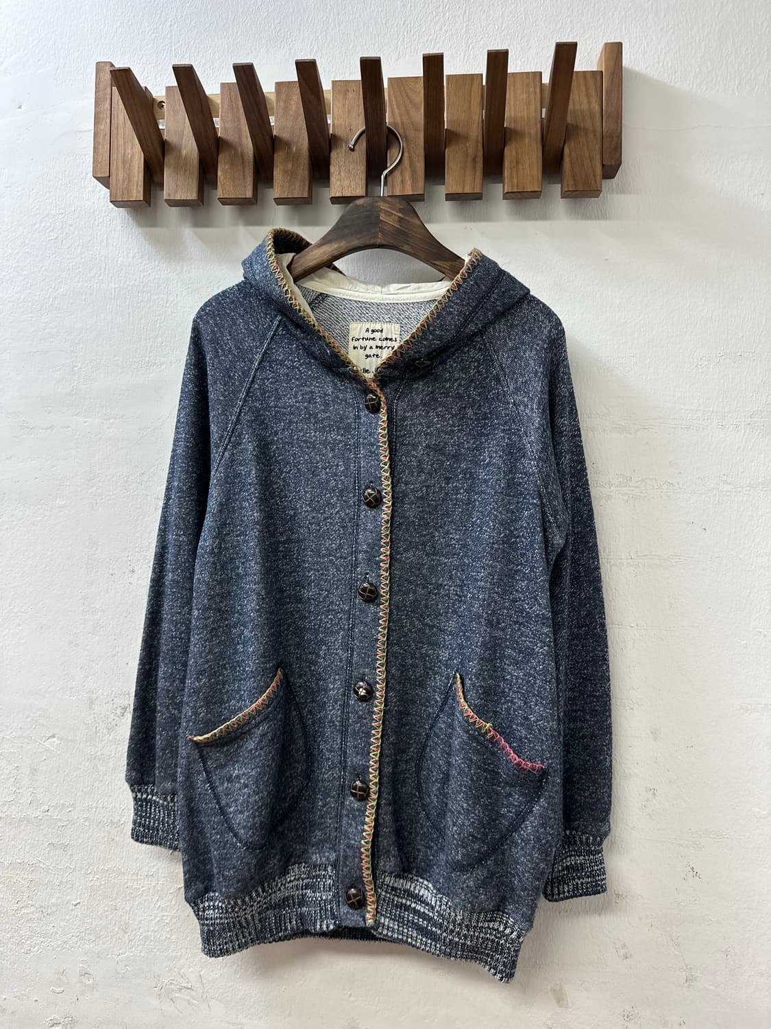 일본빈티지 멀티 스티치 디테일 니트 빵단추 후드 집업 상품이미지3