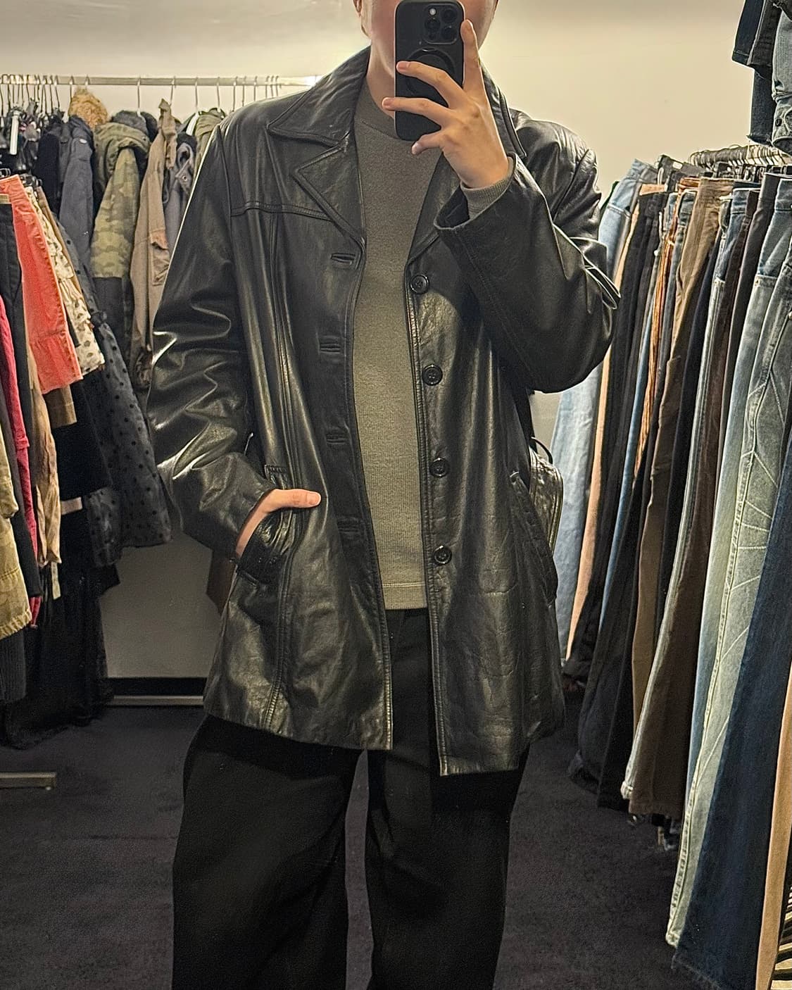 ROUGH 러프 소가죽 벨티드 벨트 고리 가죽 레더 롱 코트 오픈 카라  상품이미지2