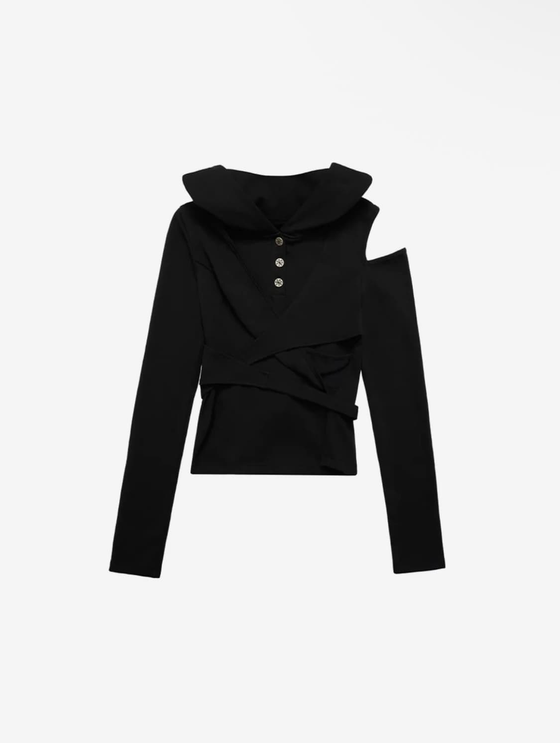 STRAP HOODED LONG SLEEVE TOP BLACK 상품이미지1