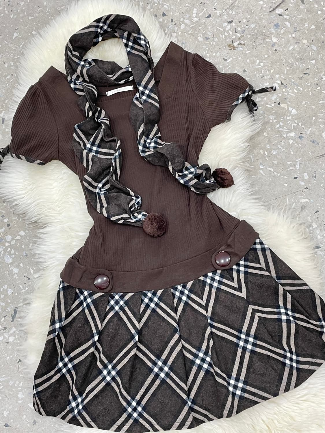 라떼갸루 체크 플리츠 원피스 머플러 세트*레어 상품이미지2