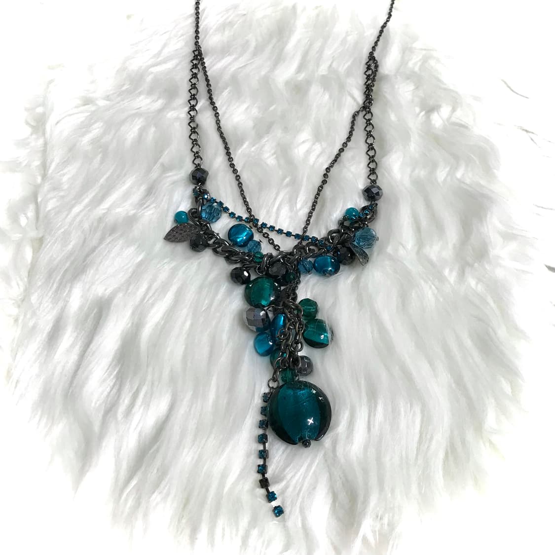 빈티지 딥터콰이즈 청록 비즈 롱 드롭 두줄 체인 목걸이 상품이미지1