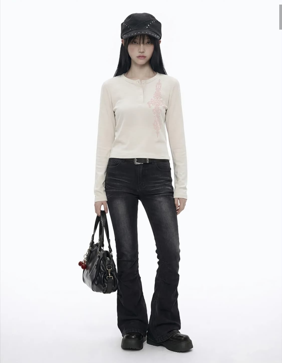 그레이버 SIM CROSS 헨리넥 롱슬리브 티셔츠 베이지 핑크 상품이미지2