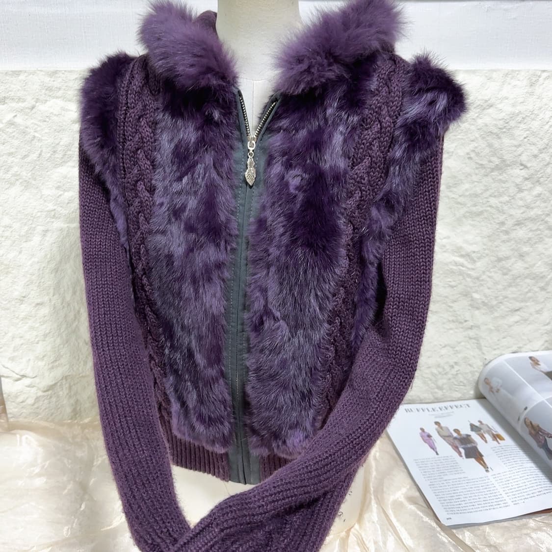 빈티지 다크 나이트 퍼플 여우털후드 토끼털 꽈배기 니트자켓 후드집업 상품이미지2