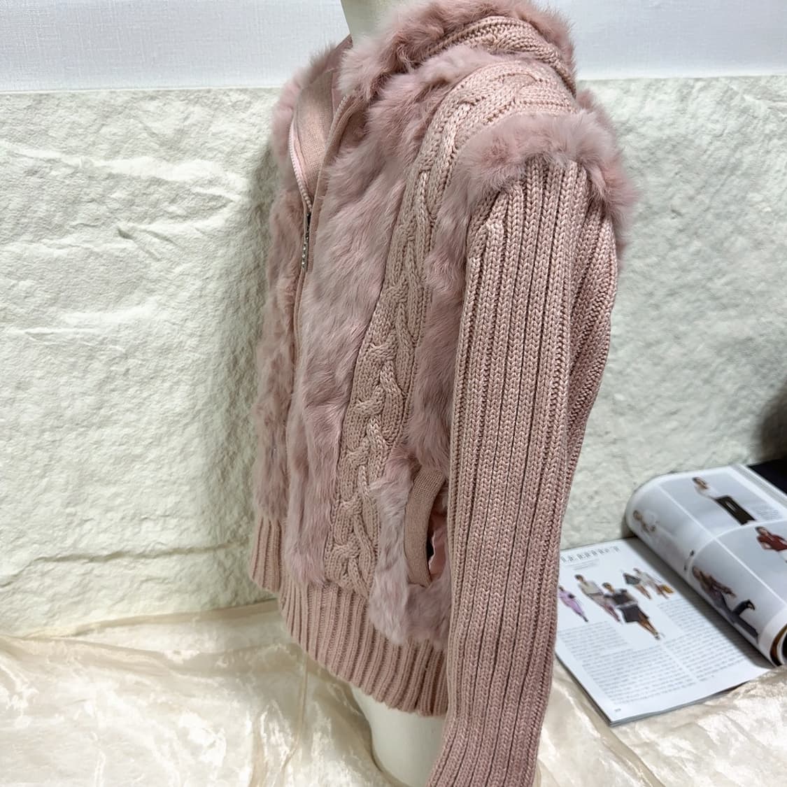 빈티지 로즈핑크 토끼털 꽈배기 니트자켓 후드집업 상품이미지4