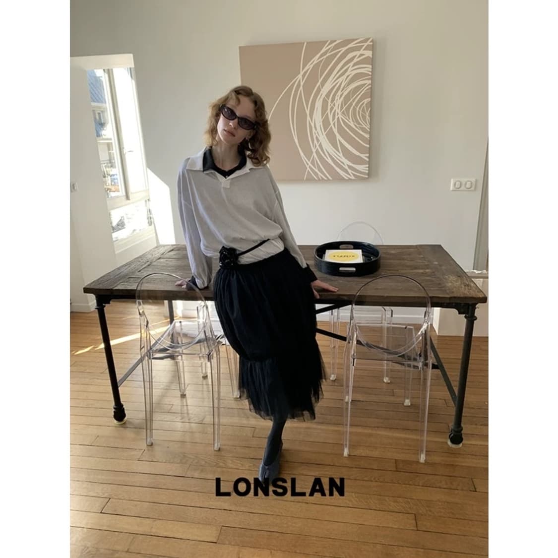 LONSLAN 2025 SUMMER 黑色半裙纱裙 샤스커트 상품이미지4