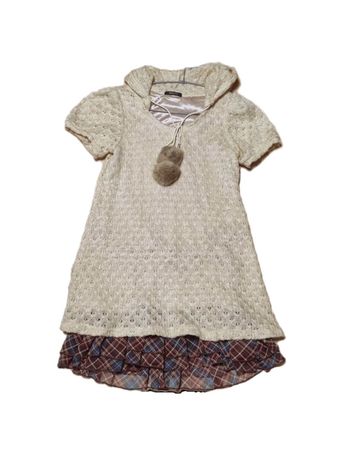 빈티지 폼폼 레이어드 후드 니트 반팔 원피스 사와코 레드체크 상품이미지1