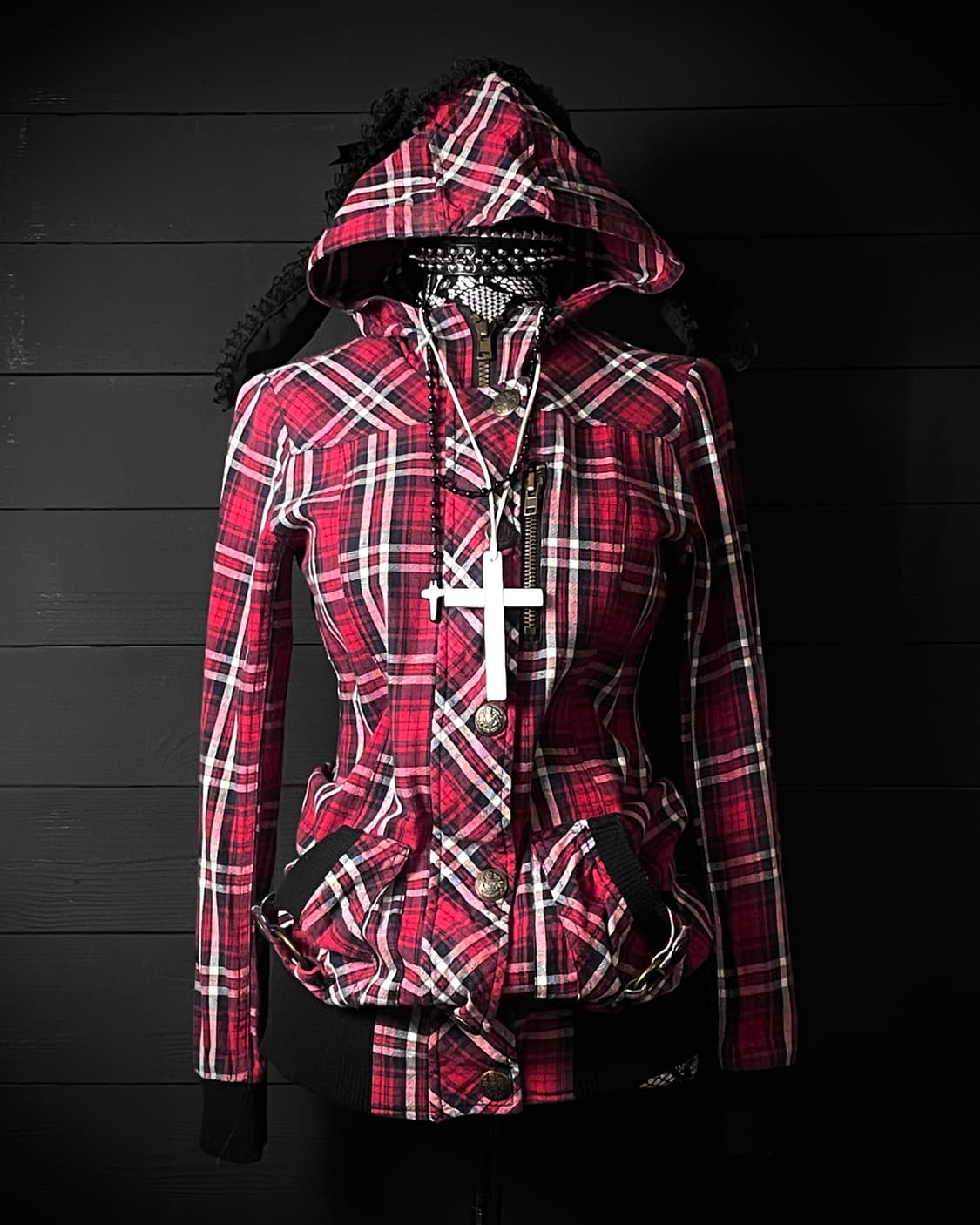 SKY BOMBER 스카이봄버 펑크 레드 체크 패턴 버튼 자켓 상품이미지1