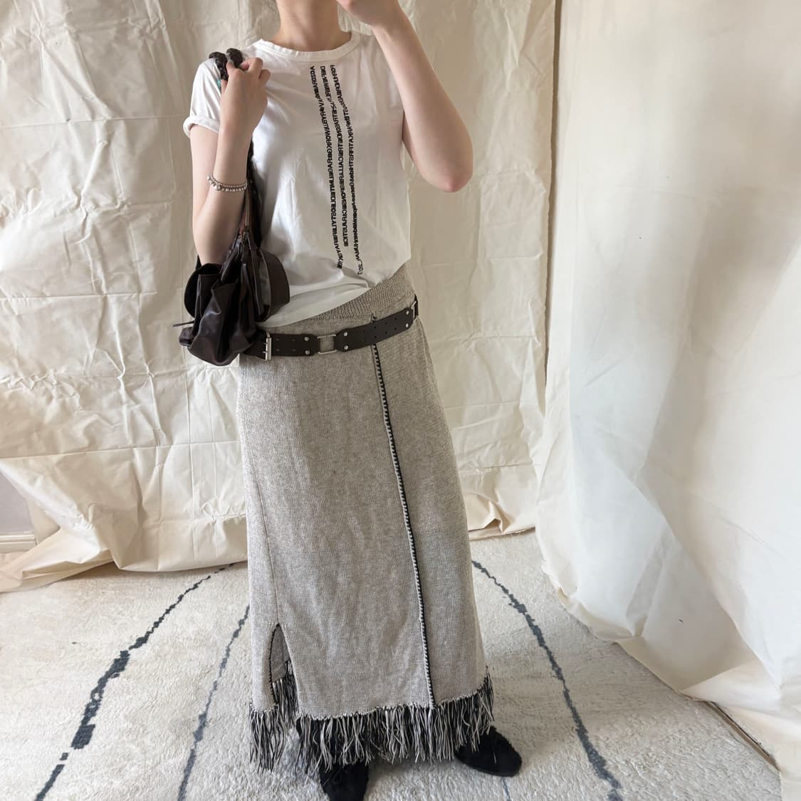 Fringe Hem Knit Midi Skirt 상품이미지1