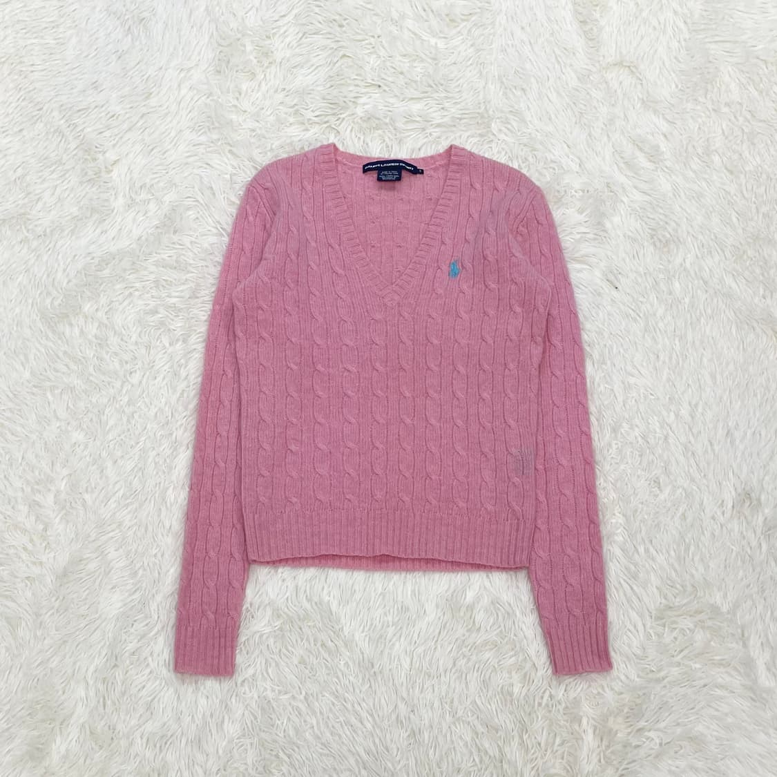 폴로 랄프로렌 포니 로고 램스울 케이블 브이넥 니트 핑크 상품이미지2