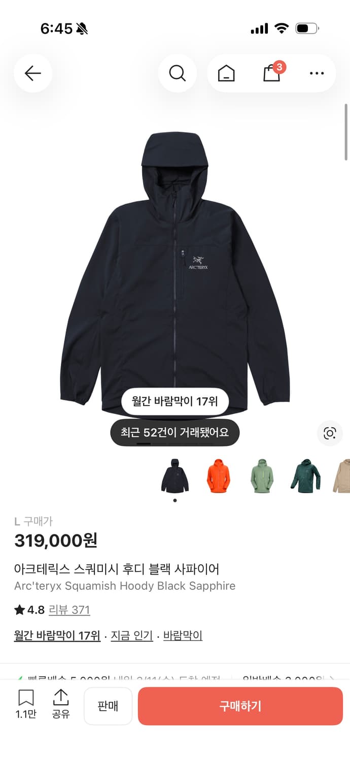 새상품 L 아크테릭스 스쿼미시 후디 블랙 사파이어 상품이미지1