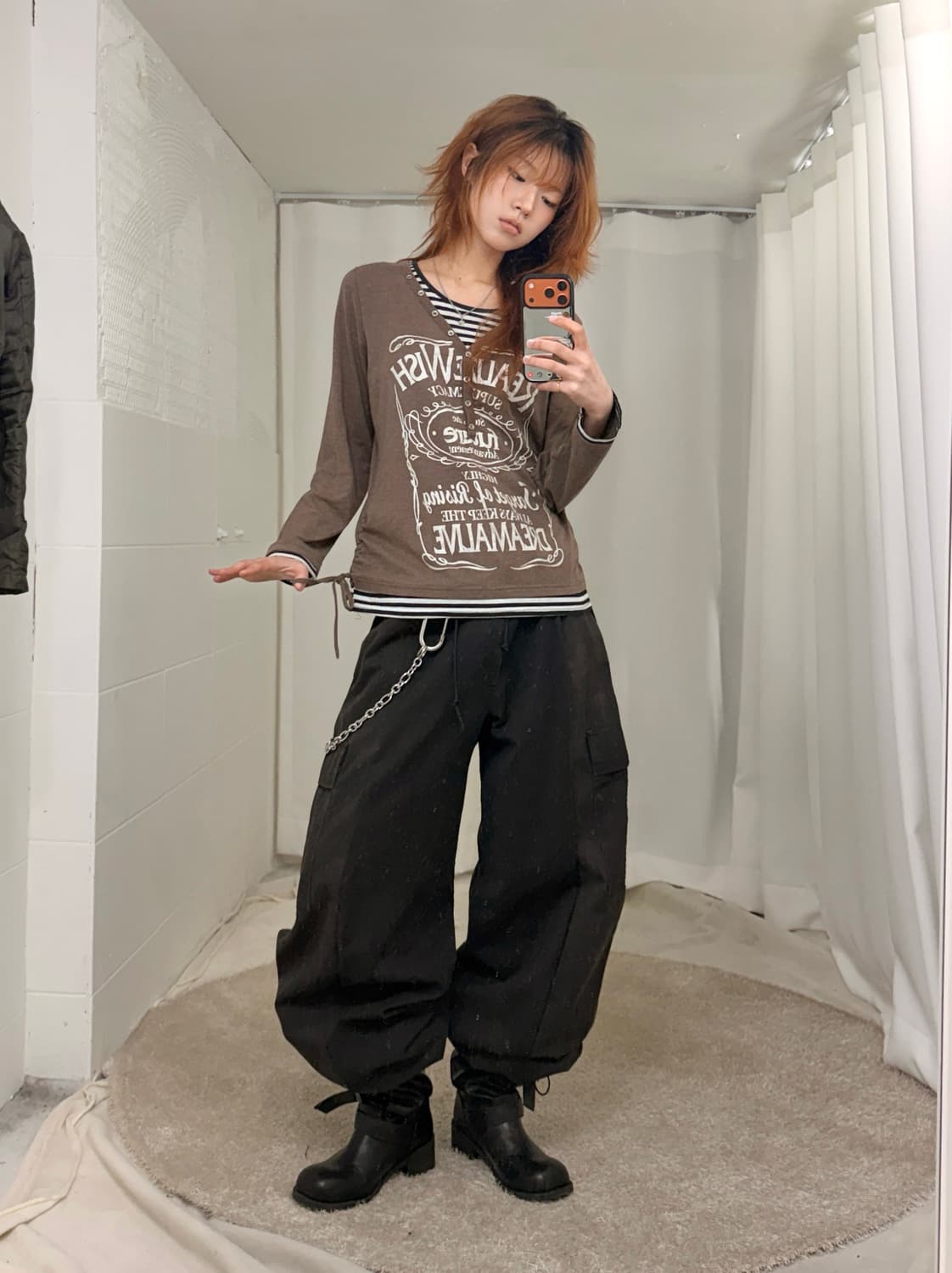 빈티지 카키 브라운 셔링 데일리 스트릿 코디 세트 상품이미지2