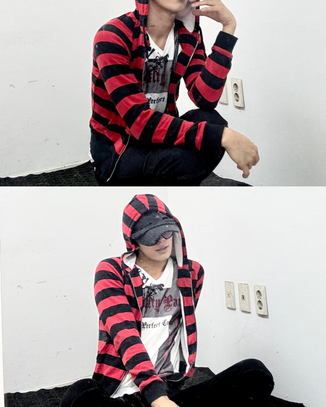 “Vintage” Kitsch Red Stripe Hooded Zip U 상품이미지1