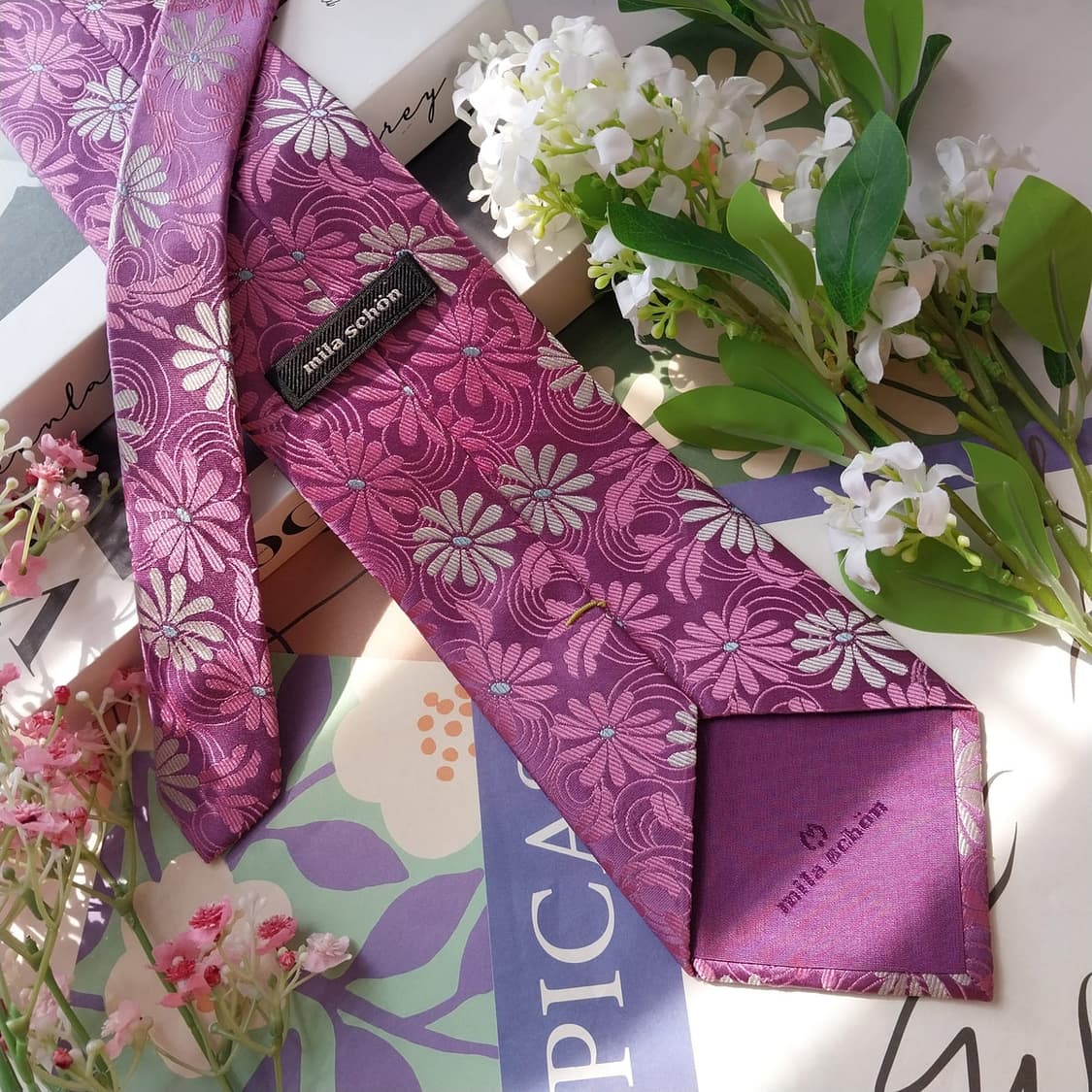 밀라숀 실크 핑크 플라워 자수 패턴 넥타이 9.9cm A+등급 K2362 상품이미지5