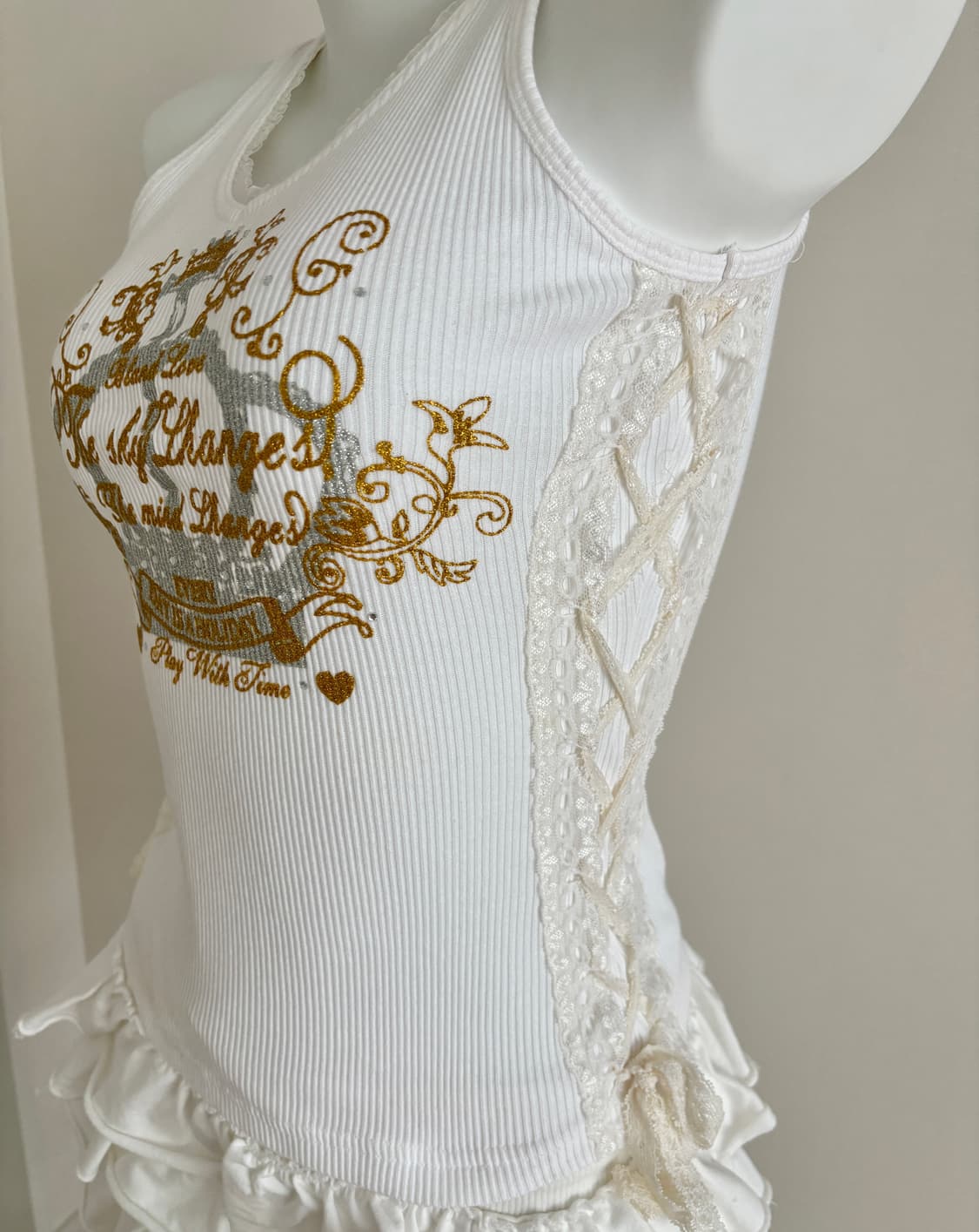 화이트 크라운 레이스업 리본 골지 슬리브리스 나시 갸루 큐빅 상품이미지4