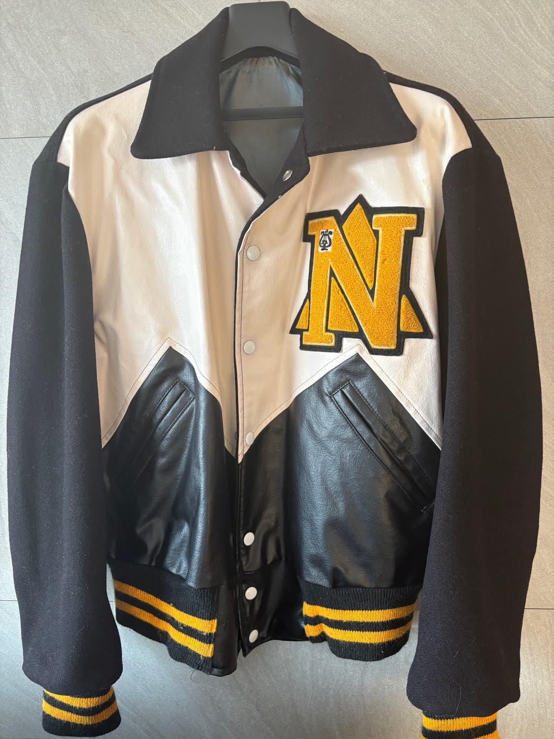 빈티지 바시티 레터맨 자켓 RAU 스냅, 가죽 패널 상품이미지1