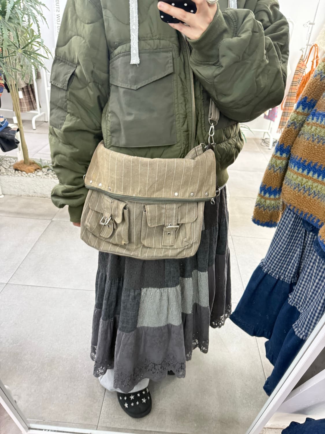 JPN 모카 스트라이프 스터드 포켓 벨트 모리걸 숄더백 크로스백 상품이미지2