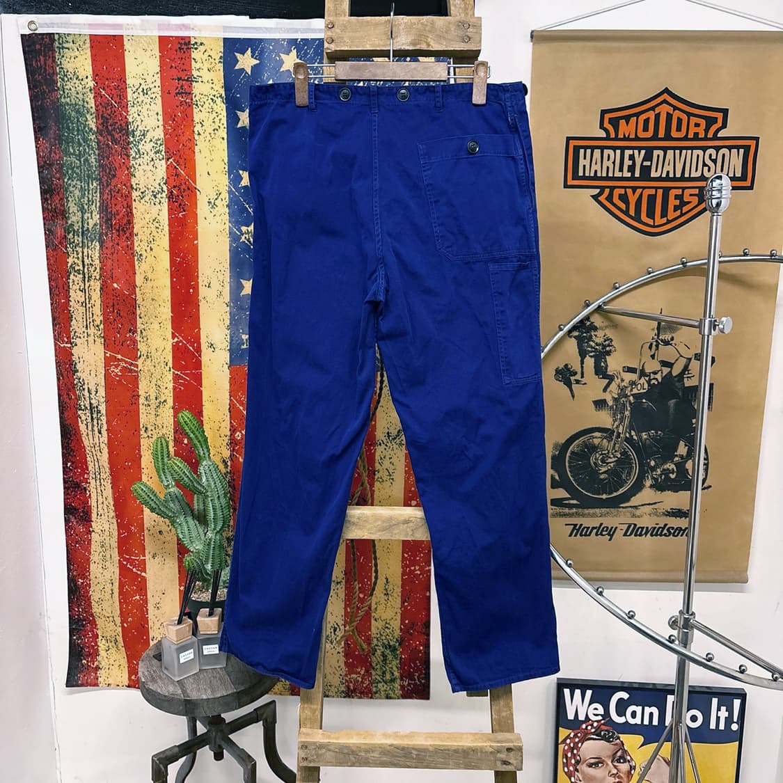 70s 오리지널 프렌치 워크팬츠 서스펜더 버튼플라이 잉크블루 N680 상품이미지2