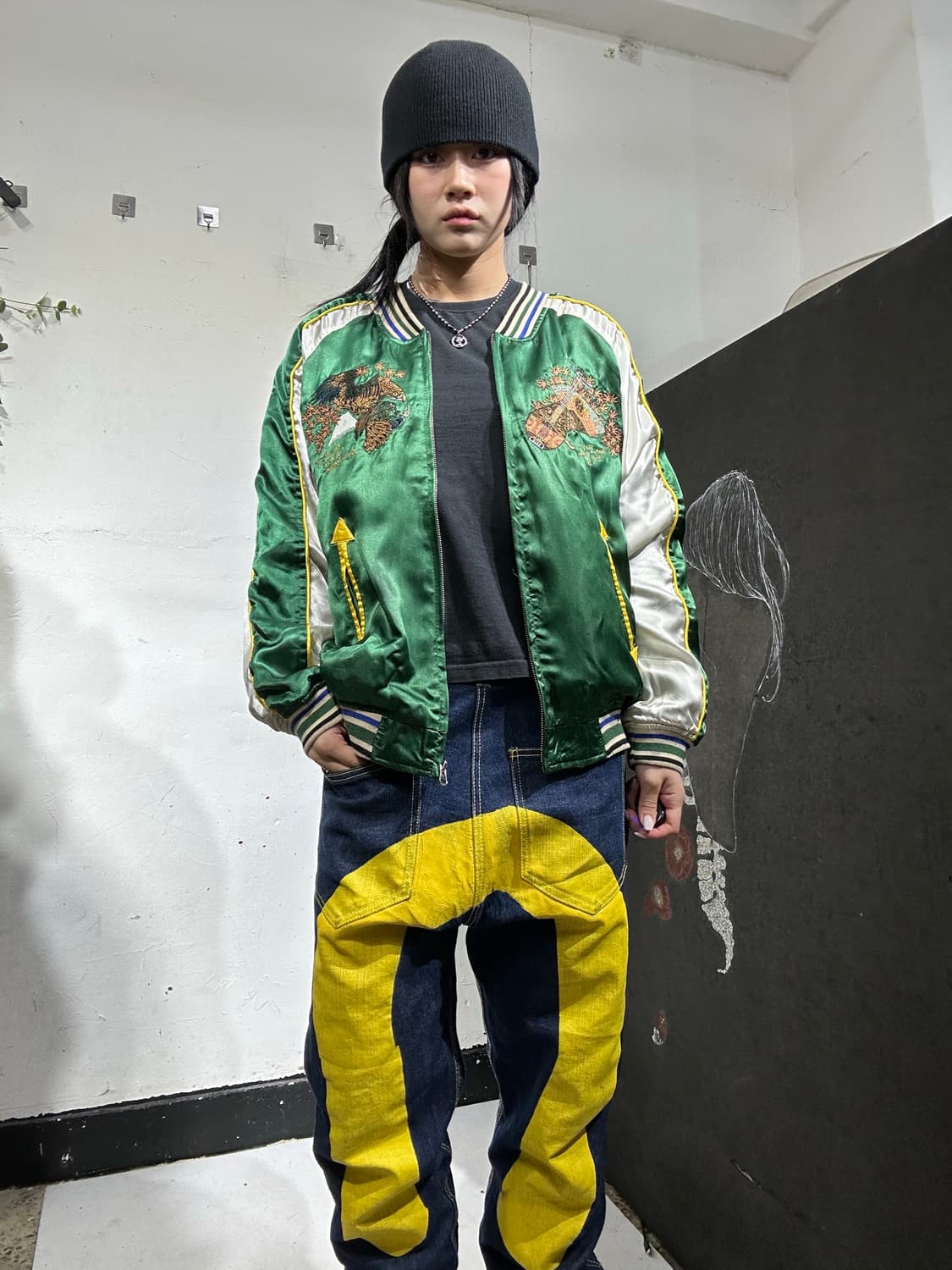 일본빈티지 R.M.C 초록 게이샤 자수 스카잔 M 상품이미지3