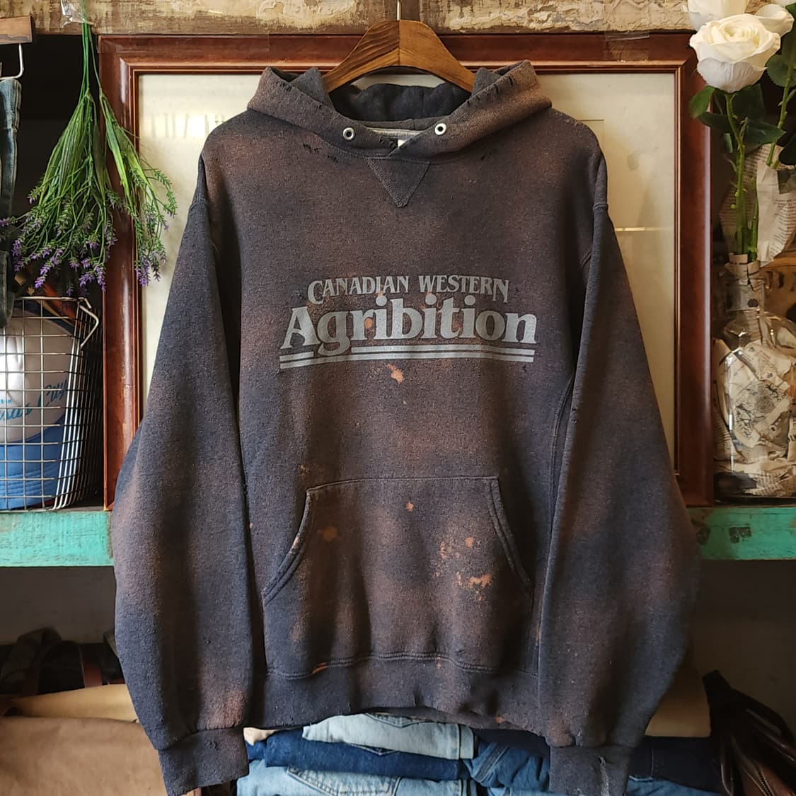 90s 러셀 후드 빈티지 스웻셔츠 썬페이딩 그레이 m 상품이미지2