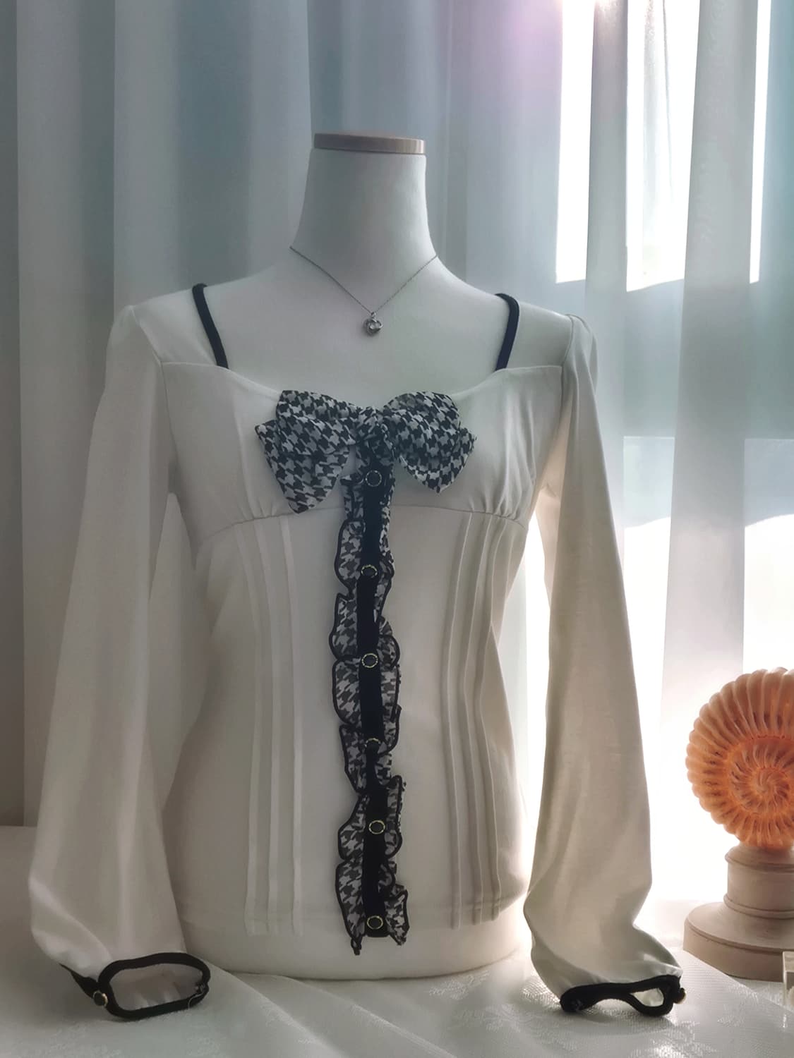 콜자 colza 리즈리사깔 하운드체크 리본 로걀탑 상품이미지1