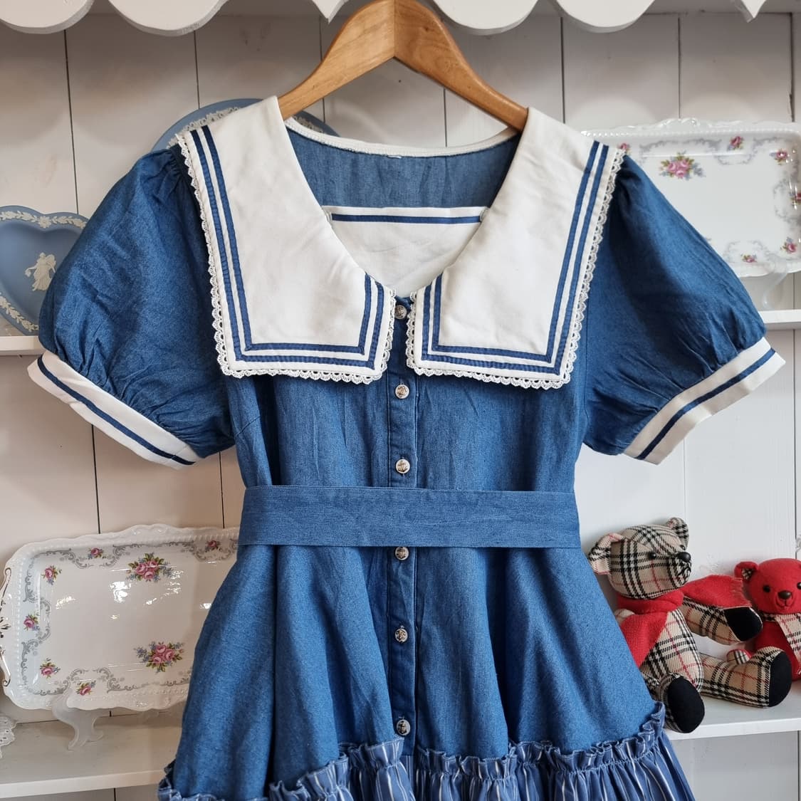 데님 세일러 원피스 청색 스트라이프 프릴 상품이미지3