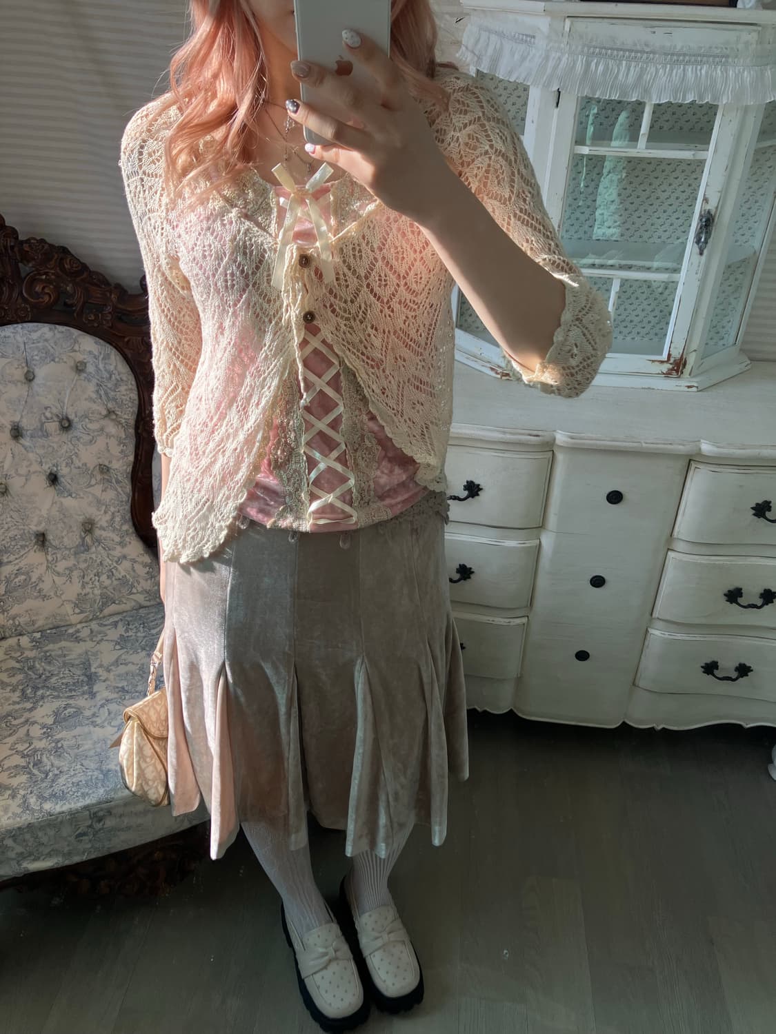 jpn vintage 레이스 벨루아 미디 스커트 상품이미지6