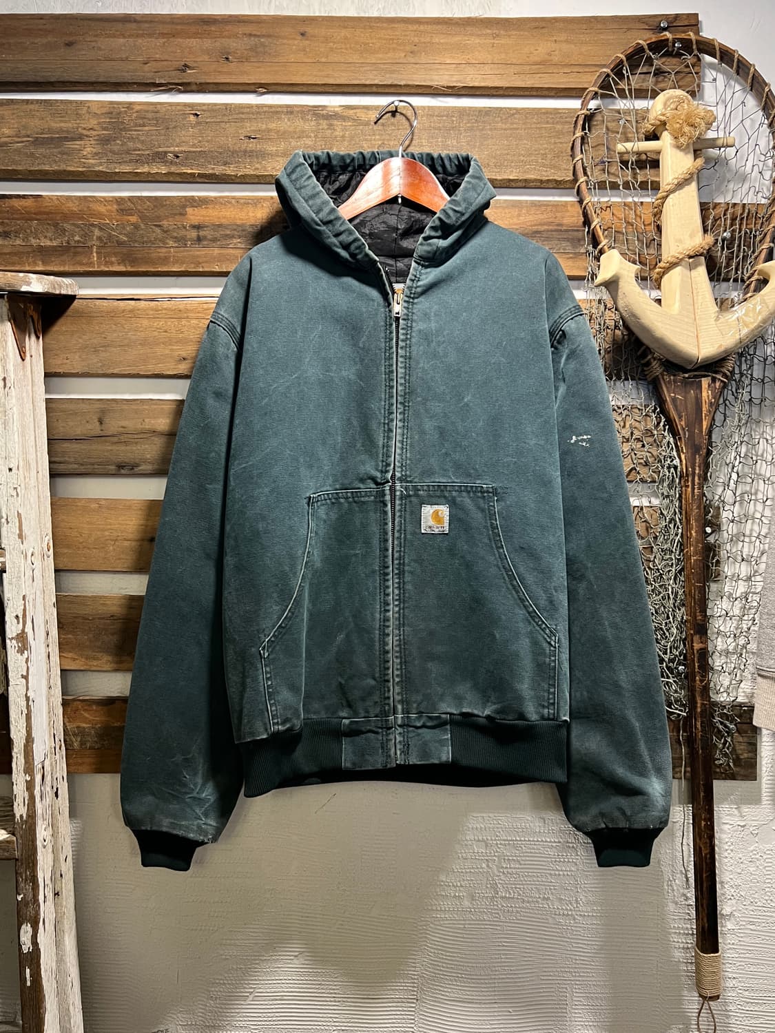 [M]90's 칼하트 USA 빈티지 워싱 헌터그린 캔버스 액티브 워크자켓 상품이미지1