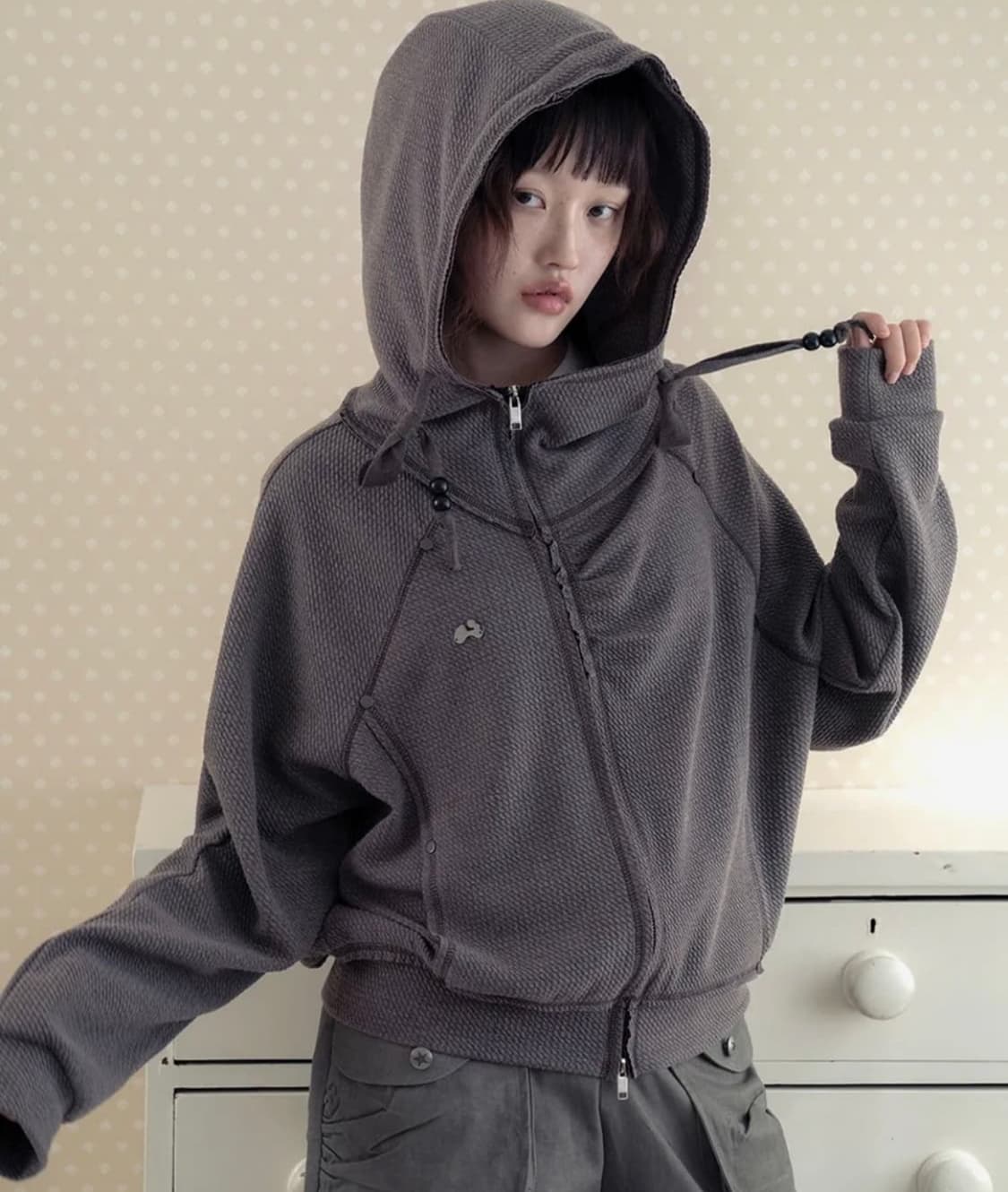 허그유어스킨 셔링 하이넥 후드집업 핑크브라운 상품이미지1