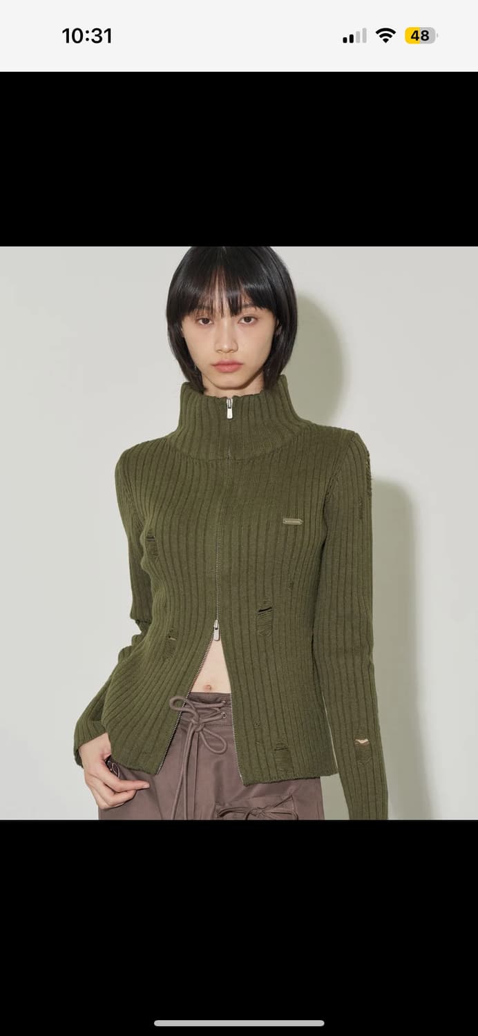 일리고 펀칭 데미지 니트 집업 카키 S 상품이미지1